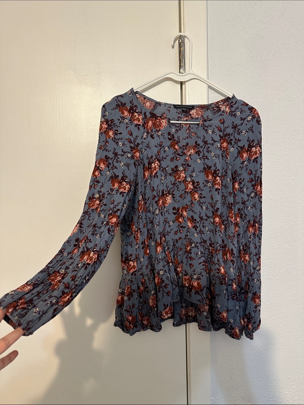 American Eagle Outfitters Floral Long-Sleeve Blouse in Blue and Rose